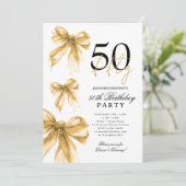 ゴールド+水彩コケットリボン+50歳の誕生日パーティー 招待状 (スタンド正面)