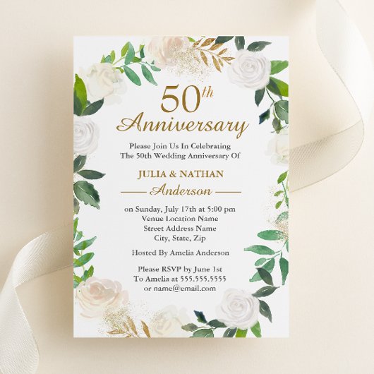 ゴールド 水彩 花輪 50周年 結婚記念日 招待状