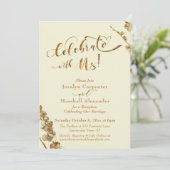 ゴールド 「私たちと一緒にお祝いを」 ボタニカル、 アイボリー 招待状 (スタンド正面)