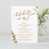 ゴールド「私たちと一緒に祝おう」白背景にボタニカル 招待状 (スタンド正面)