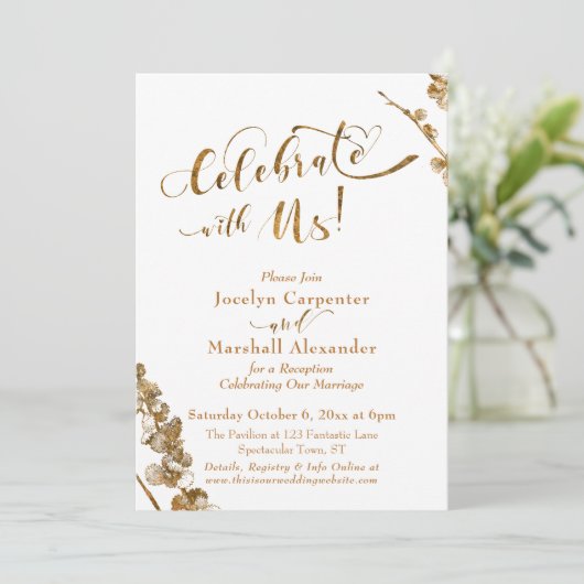 ゴールド「私たちと一緒に祝おう」白背景にボタニカル 招待状 (スタンド正面)