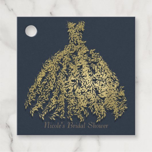 ゴールド&素朴なブルーボタニカルドレスブライダルシャワー フェイバータグ (正面)