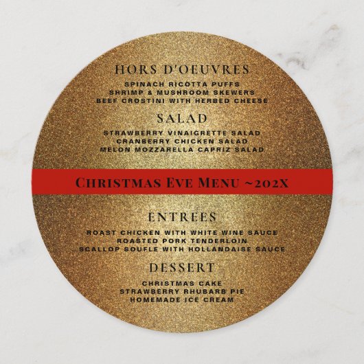ゴールド 赤 丸型 クリスマス ディナー メニュー テンプレート (正面)