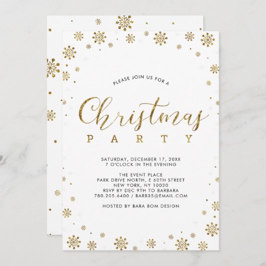 ゴールド |雪モダン片クリスマスディナーパーティー 招待状 (正面/裏面)