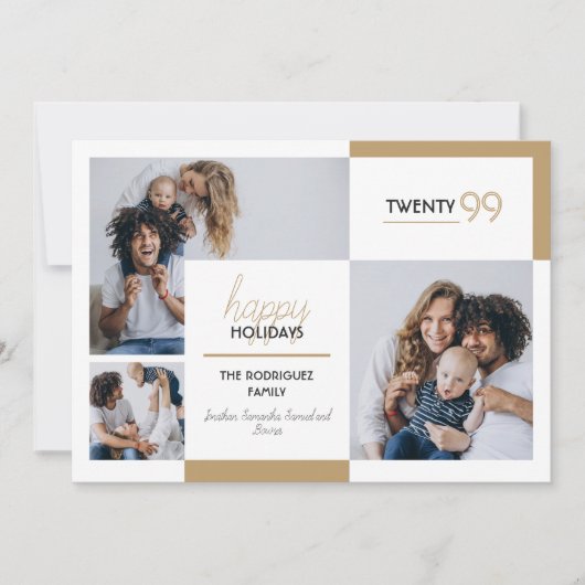 ゴールド 3つの写真でハッピーホリデー シーズンカード (正面)
