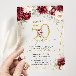 ゴールド 50周年 結婚記念日 エレガントバーガンディー アクリル招待状