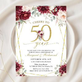 ゴールド 50回目の結婚記念日 エレガントなバーガンディ 招待状