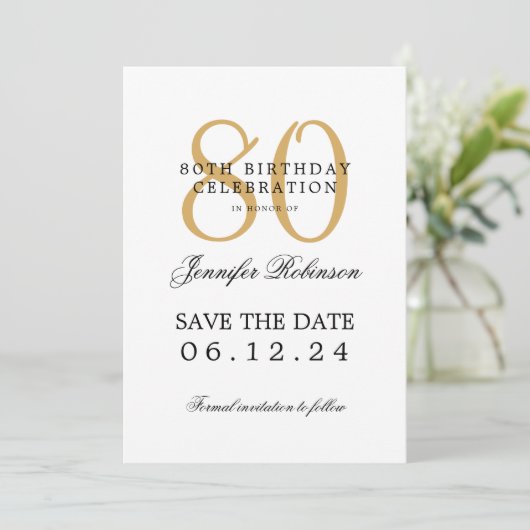 ゴールド 80歳の誕生日パーティー Save the Date 詳細 招待状 (スタンド正面)