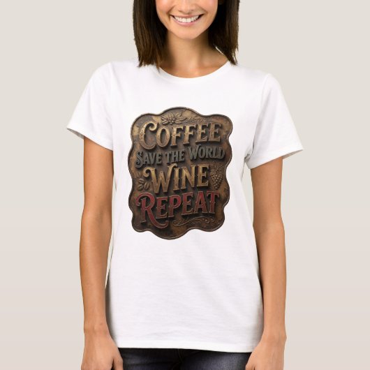 ゴールド COFFEE SAVE THE WORLD WINE REPEAT Tシャツ (正面)