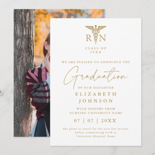 ゴールド RN 看護師 卒業写真 発表 招待状 (正面/裏面)
