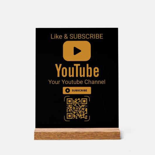 ゴールド YouTube 登録 QR コード ブラック アクリルサイン (正面)