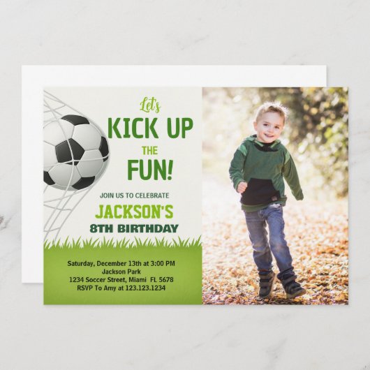 ゴール!サッカー誕生日招待状（写真付） 招待状 (正面/裏面)
