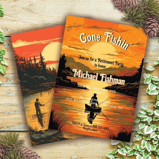 ゴー素朴フィインの退職魚釣りウッドカット 招待状