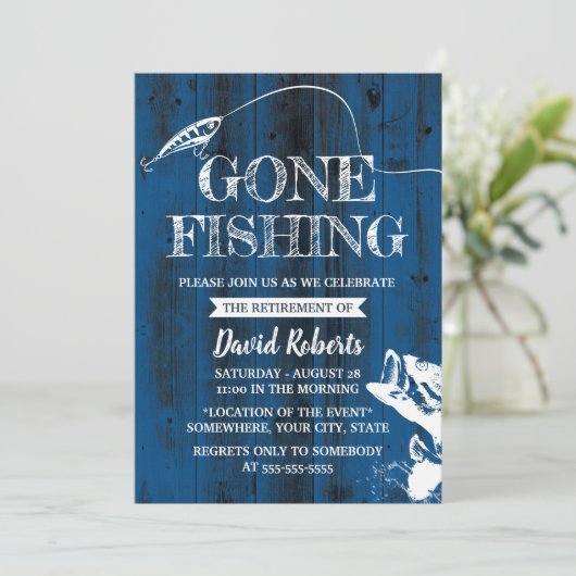 ゴー退職した魚釣りネイビー木材アウトドア退職 招待状 (スタンド正面)