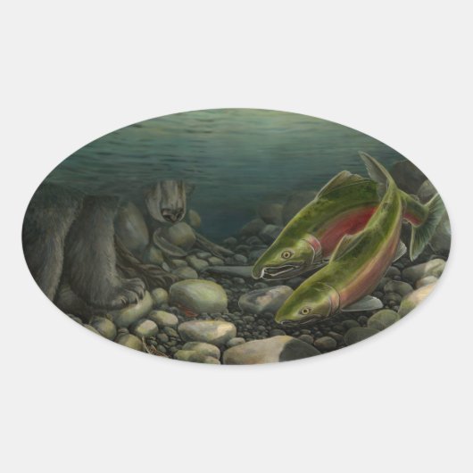 ゴー魚釣りステッカーCohoサーモンアートステッカー 楕円形シール (正面)