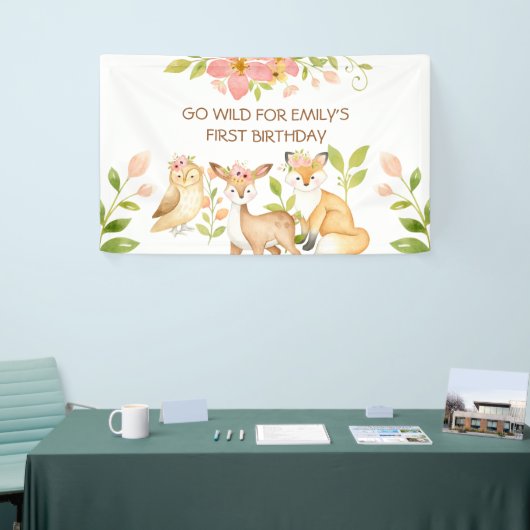 ゴー ワイルド 1歳の誕生日 森の動物 バナー 横断幕 (トレードショー)
