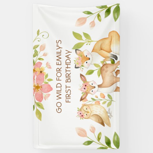 ゴー ワイルド 1歳の誕生日 森の動物 バナー 横断幕 (縦)