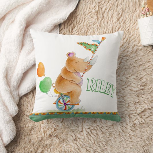 サイの一輪車の水彩のサーカス名の枕 クッション (ブランケット)