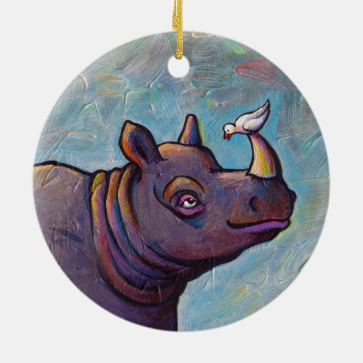 サイの芸術の小さい鳥のうわさ話のおもしろいの絵を描くこと セラミックオーナメント (裏面)