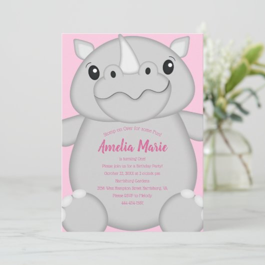 サイの誕生日パーティーピンク 招待状 (スタンド正面)