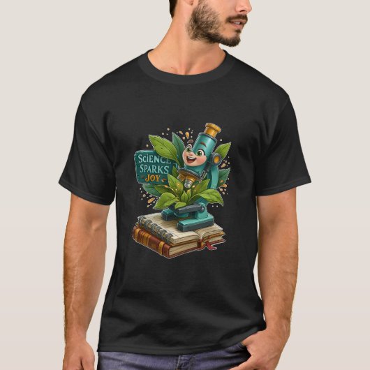 サイエンスが喜びをかきたてる かわいい顕微鏡と植物 Tシャツ (正面)