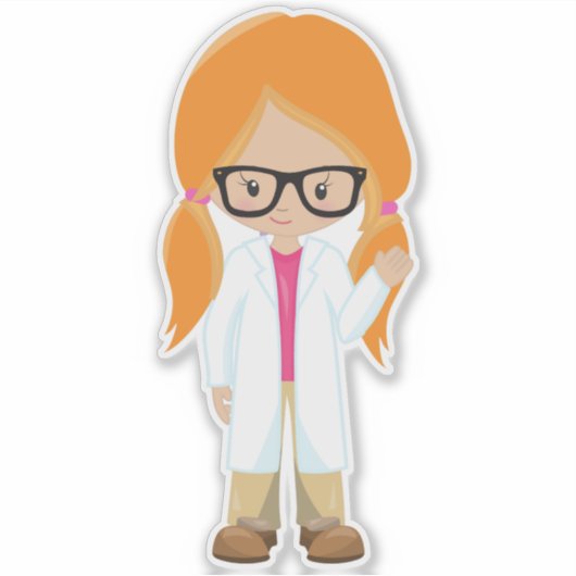 サイエンスガール,科学者,かわいい女の子,オレンジ色の髪 シール (正面)