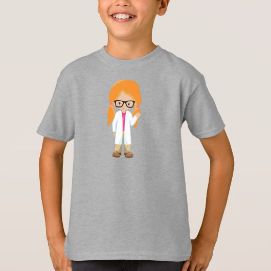 サイエンスガール，科学者，かわいい女の子，オレンジ色の髪 Tシャツ (正面)