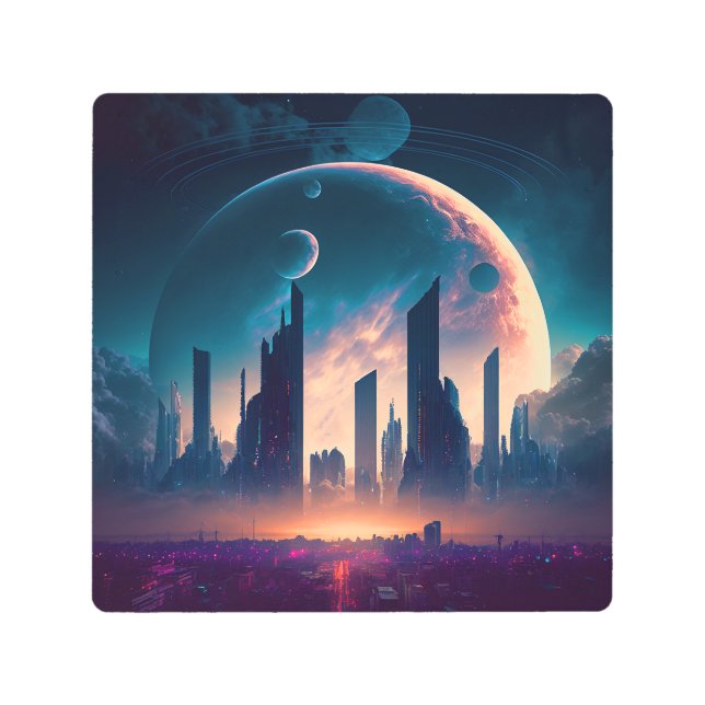 サイエンスフィクションサイバパンク宇宙シティ メタルプリント (正面)