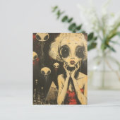 サイエンスフィクションファンタジーエイリアンとレッドドレスの女性 ポストカード (スタンド正面)