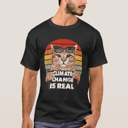 サイエンス・アース・デイ気候変動ヴィンテージおもしろい猫 Tシャツ (正面)