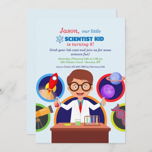 サイエンティスト・キッド・バースデーパーティーの招待 招待状 (正面/裏面)