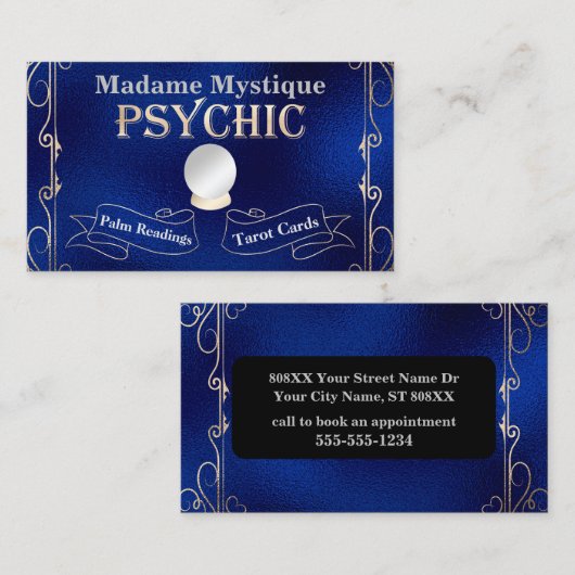 サイキッククリスタルボール金ゴールドとブルー 名刺 (正面/裏面)