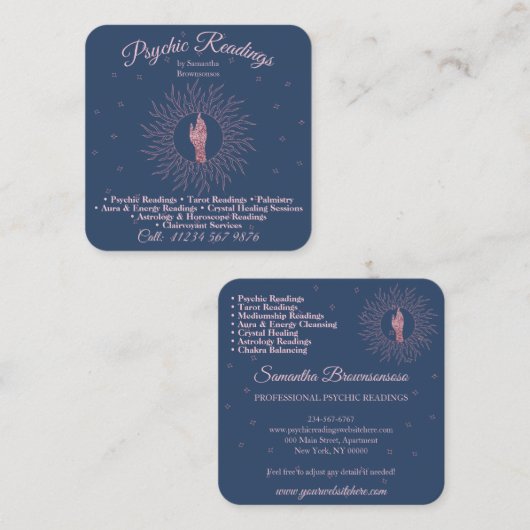サイキックミディアムアストロロジストネイビーセラピーヒーリング スクエア名刺 (正面/裏面)