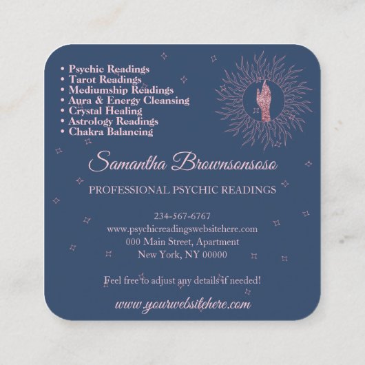 サイキックミディアムアストロロジストネイビーセラピーヒーリング スクエア名刺 (裏面)