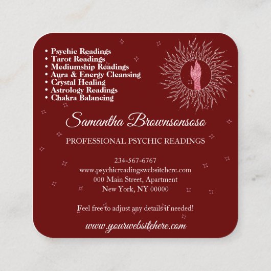 サイキックミディアムバーガンディマッサージセラピーヒーリング スクエア名刺 (裏面)