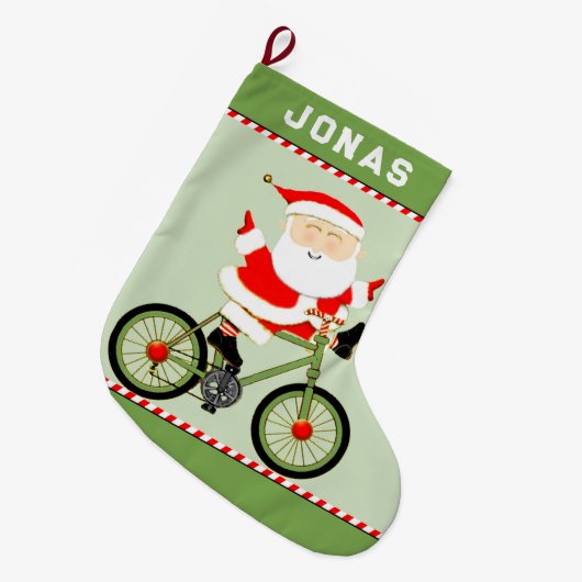 サイクリストパーソナライズされたホリデーギフト ラージクリスマスストッキング (正面 (吊り時))