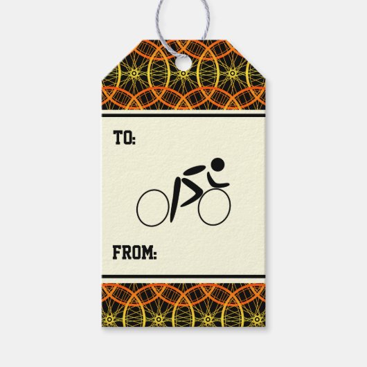 サイクリスト自転車のホイールパターンのオレンジ色の黒 ギフトタグ (正面)