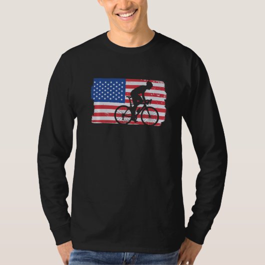 サイクリングロードバイクアメリカ国旗のサイクリスト Tシャツ (正面)