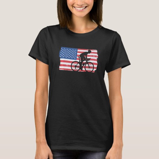 サイクリングロードバイクアメリカ国旗のサイクリスト Tシャツ (正面)