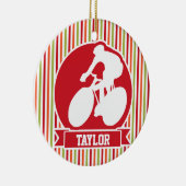 サイクリング、サイクリスト、赤、オレンジ色の緑ストライプ色 セラミックオーナメント (右)