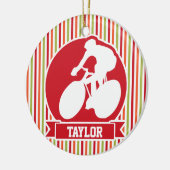 サイクリング、サイクリスト、赤、オレンジ色の緑ストライプ色 セラミックオーナメント (左)