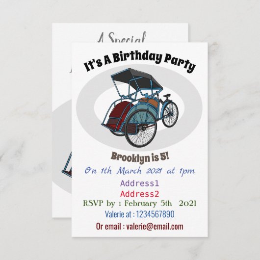 サイクルリクショーの漫画イラストレーション 招待状 (正面/裏面)