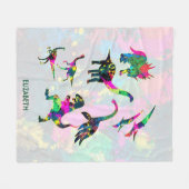 サイケデリックで抽象的でカラフルな恐竜のシルエット フリースブランケット (正面(横))