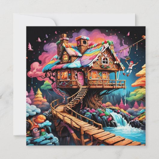 サイケデリックなジンジャーブレッドの木の家クリスマス シーズンカード (正面)