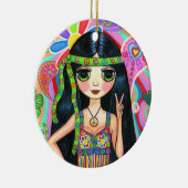 サイケデリックなヒッピーの女の子のヘッドバンドのピースサインの60年代 セラミックオーナメント (右)