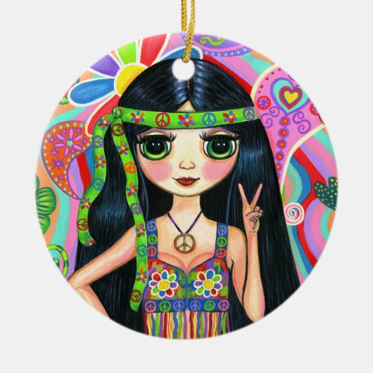 サイケデリックなヒッピーの女の子のヘッドバンドのピースサインの60年代 セラミックオーナメント (正面)
