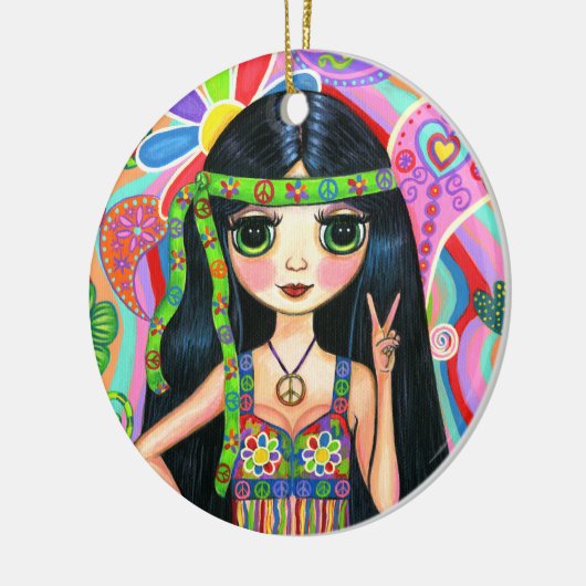 サイケデリックなヒッピーの女の子のヘッドバンドのピースサインの60年代 セラミックオーナメント (左)