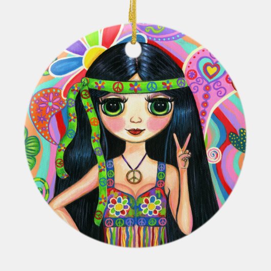 サイケデリックなヒッピーの女の子のヘッドバンドのピースサインの60年代 セラミックオーナメント (裏面)