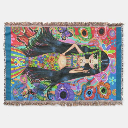 サイケデリックなヒッピーの女の子の人魚のピースサインの60年代 スローブランケット (正面)