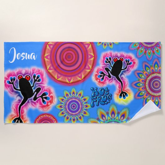 サイケデリックなビーチタオルの熱いカエルの波の青 ビーチタオル (正面)